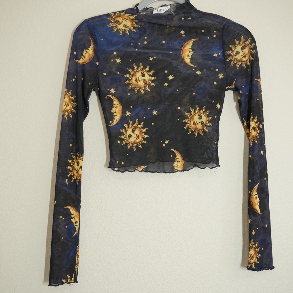 Ragstock Celestial Sun Moon Star Sheer Mesh Crop Top Navy Blue Mock Neck